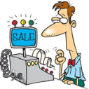 Opis: Royalty Free RF Clip Art Illustration Of A Cartoon Man Ringing In A Sale by Ron Leishman